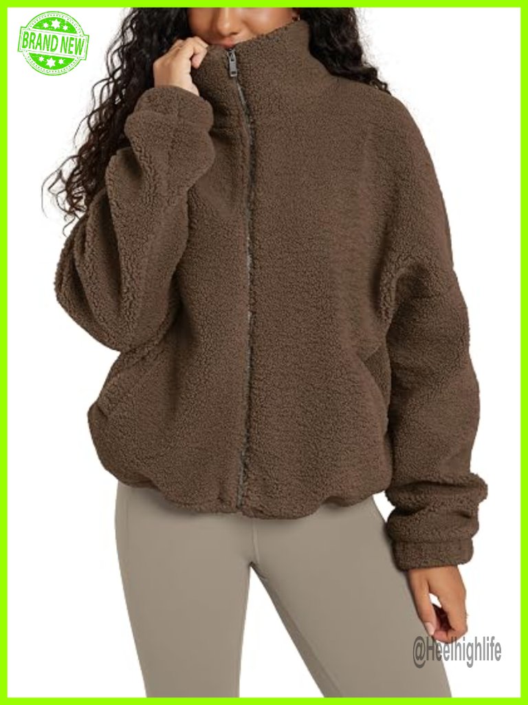 Sherpa Fleece Full-Zip Jacket Long Sleeve Coat Warm Cinchable Outerwear With